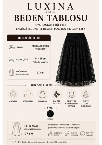Siyah Astarlı Tül Etek Lastikli Bel Dantel Desenli Maxi Boy Şık Uzun Etek