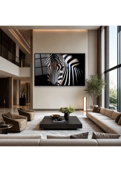 Karanlıkta Zebra Yakın Plan Siyah Çerçeveli Cam Tablo