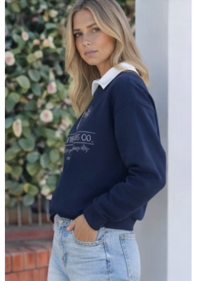 Modeva Global Kolej Yaka Detaylı Polo Baskılı Kadın Lacivert Sweatshirt Lacivert