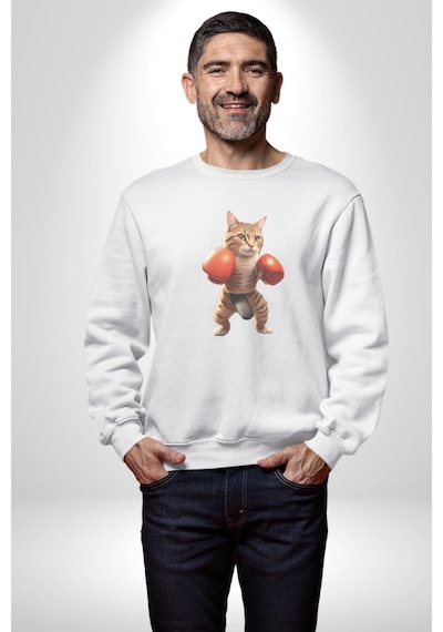 Boks Yapan Kedi Unisex Beyaz Baskılı Sweatshirt Beyaz
