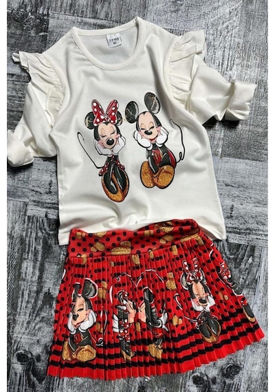 Riccotarz Kız Çocuk Omzu Fırfırlı Mickey Ve Minnie Baskılı Beyaz Bluz Etekli Takım 001