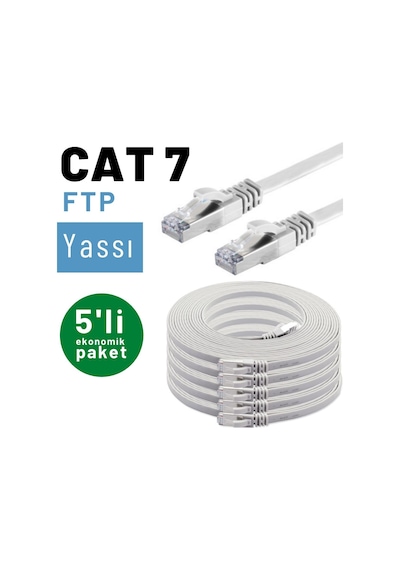 5 adet IRENIS CAT7 Kablo Yassı FTP Ethernet Kablosu, 3 mt Beyaz