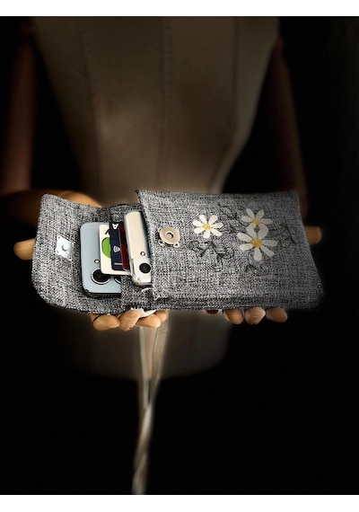 Meadov Nakış İşlemeli Keten Telefon Çantası, Telefon Kılıfı V62 Antrasit
