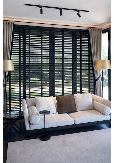 N.luxury Siyah 50mm %100 Gerçek Ahşap Jaluzi Perde Redüktörlü Zincir Mekanizmalı Ofis/ev Tüm Mekanlar Siyah