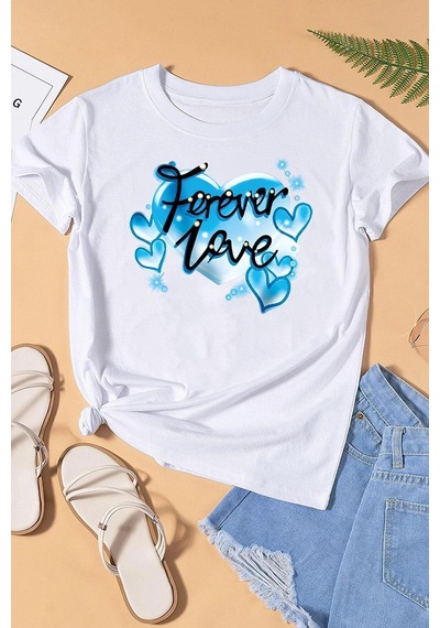 Uyguntarz Unisex Forever Love Baskılı Oversize Tshirt Beyaz