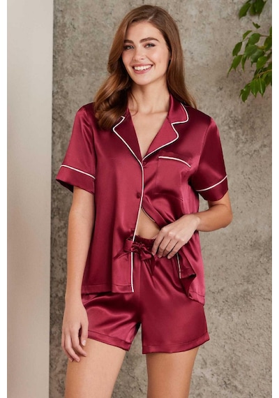 Pierre Cardin 1205 Kadın Saten Önden Düğmeli Şortlu Pijama Takım-bordo Bordo