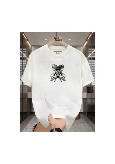 Tarzsokak Unisex Melek Ve Şeytan T-shirt Beyaz