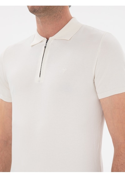 Beyaz Slim Fit Fermuarlı Polo Yaka Triko T-shirt