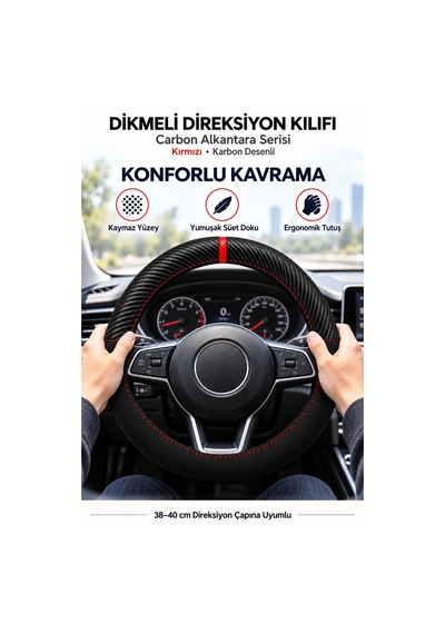 Trobus Tesla Model S 2016-2025 Uyumlu Dikmeli Direksiyon Kılıfı Carbon Alkantara Kırmızı