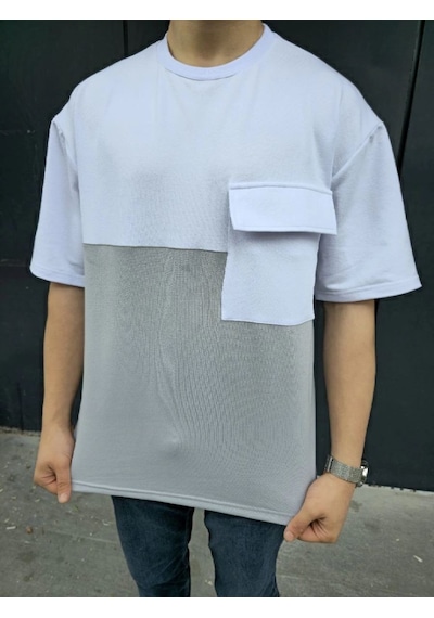 Erkek Kısa Kol Yazlık Tişört Torba Cepli Parçalı T-shirt - Gri