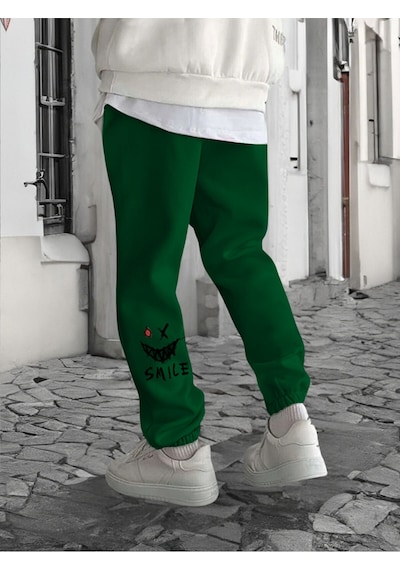 Smile Face Yeşil Jogger Ince Eşofman Altı Yeşil