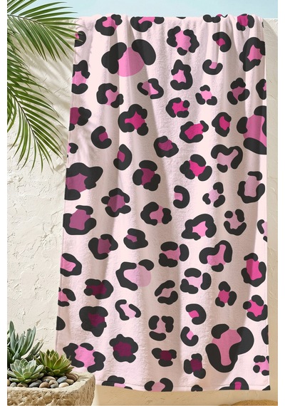 Leopar Desenli Pembe Siyah Plaj Havlusu - Modern Hayvan Figürlü Hızlı Kuruyan Mikrofiber Havlu Örtü Kumlu Bulut