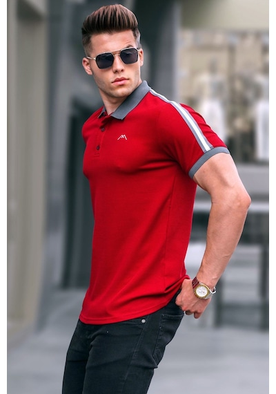 Madmext Bordo Kol Şeritli Polo Yaka Tişört 5888 Bordo