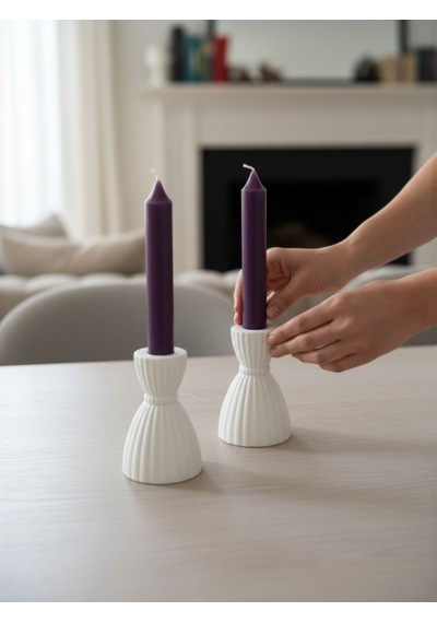 Modern Beyaz Şamdan Mumluk 2 Li Set, Dekoratif Salon Aksesuarı, Masa Dekoru, Hediyelik