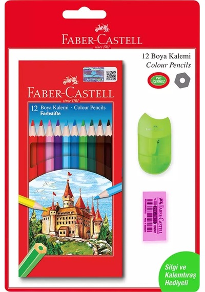 Faber-Castell Red Line Kuru Boya Seti 12'Li Kalemtraş + Silgi