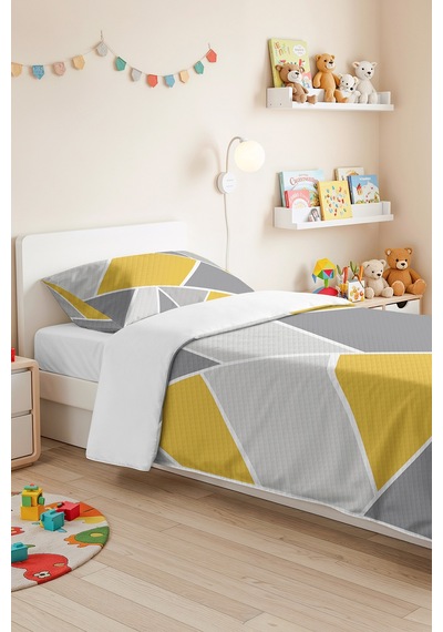 Sarı Geometrik Genç Odası Tek Kişilik Pike Takımı - Gri Modern 160x220 Cm Kapitone Yatak Örtüsü Mumlu Kum Akışı