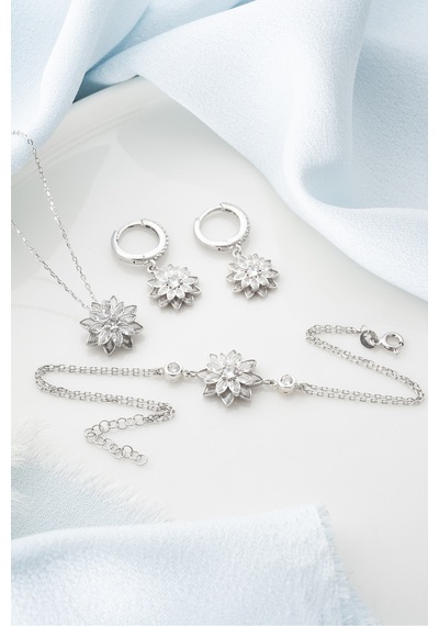 Çekirdekjewelry 925 Ayar Gümüş Lotus Çiçek Takı Seti Taşlı Kolye, Küpe Ve Bileklik Gri