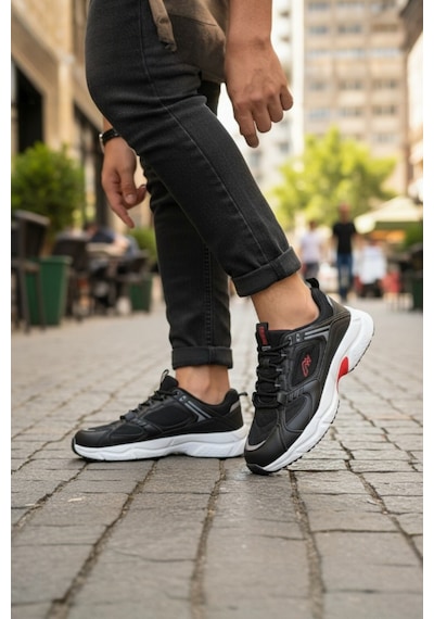 Enoch Erkek Spor Ve Yürüyüş Ayakkabısı Tam Ortopedik Tabanlı Kalın Tabanlı Retro Dad Shoe Siyah - Beyaz
