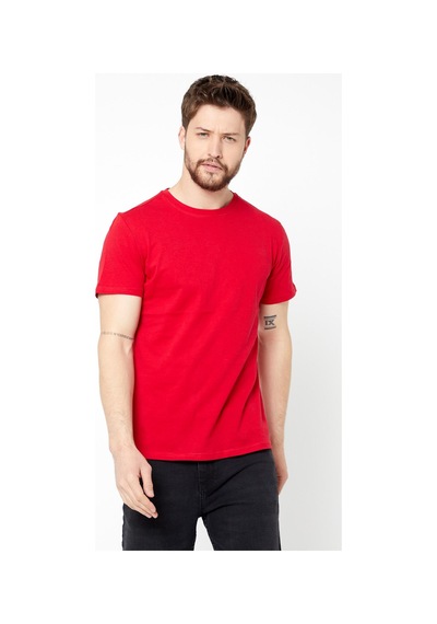 Mmetalic Erkek Siyah %100 Pamuk T- Shirt Regular Fit Rahat Kesim Bisiklet Yaka Basic Tişört Kırmızı