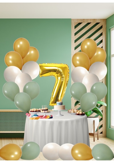7 Yaş Küf Yeşili Temalı Doğom Günü Seti Metalik Gold Kum Beji Küf Yeşili Balonlar Gold Folyo Rakam Çok Renkli