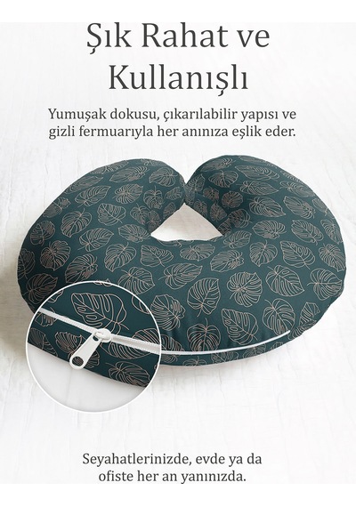 Monstera Yapraklı Boyun Yastığı - Tropikal Desen Yeşil Bej Seyahat Yastığı Açık Göl Kül