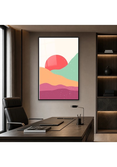 Pastel Güneş Tepeleri Siyah Çerçeveli Cam Tablo