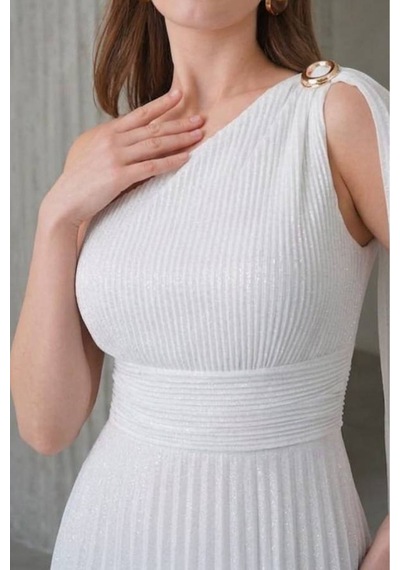 Neşeli Butik Kadın Beyaz Tek Omuz Pilise Detaylı Simli Tül Kumaş Abiye Elbise Nbswll16