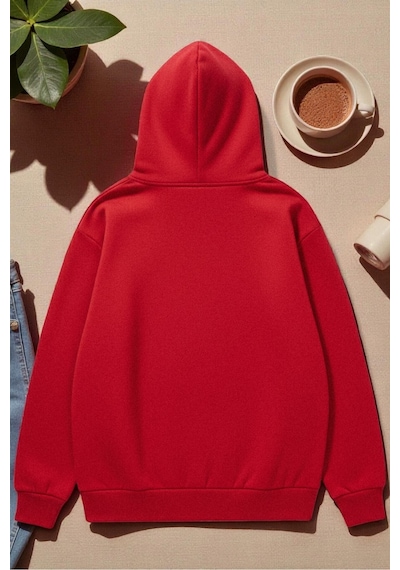 Uyguntarz Unisex Red Mon Cheri Baskılı Kapüşonlu Sweatshirt Kırmızı