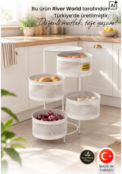 River World Tekerleksiz Rengi Beyaz Açılabilen 4 Katlı Çok Amaçlı Metal Raf Mutfak, Balkon, Kiler Çok Renkli