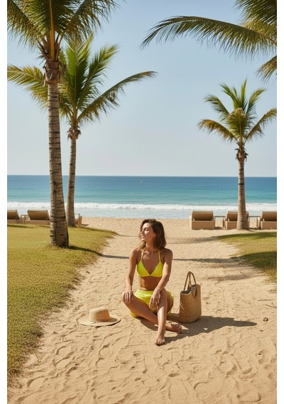 Angbutik Kadın Fosforlu Şortlu Belden Ve Boyundan Bağlamalı Bikini Takımı Fosfor
