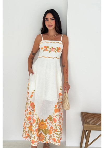 Asprin Fashion Keten Kumaş Çicek Desenli Elbise Beyaz