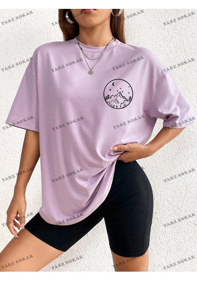 Flood Of Style Unisex Güneş Ve Ay Desenli Düşük Omuz Tişört Kod-1350 Mor