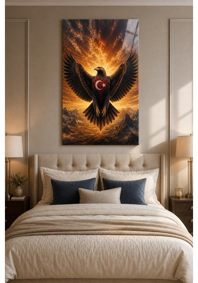 Türk Bayraklı Kartal Baskılı Cam Tablo Uv Baskı Dekoratif Duvar Tablosu