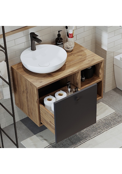 Lavabolu Mdf 75 Cm Çekmeceli Banyo Dolabı Atlantik Çam - Antrasit