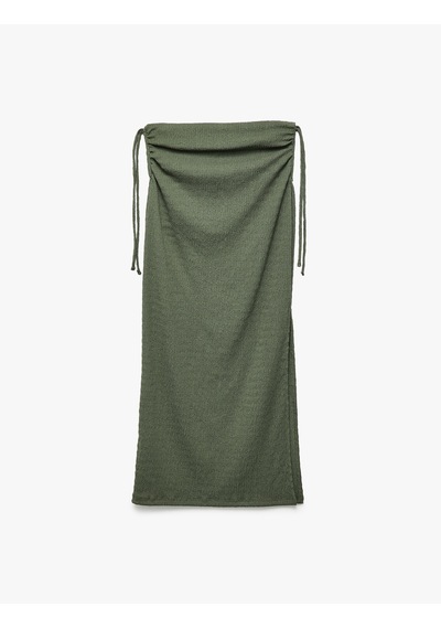 Koton Bürümcük Kumaş Slim Fit Büzgü Detaylı Yırtmaçlı Uzun Etek Haki 5sak10272ek Haki
