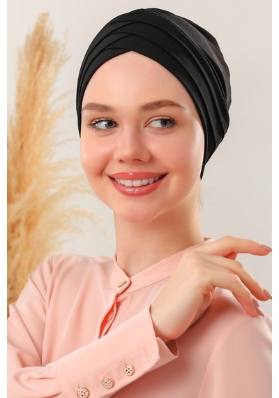 Melodi Scarf Kadın Üç Bantlı Çapraz Hazır Türban Dış Bone Siyah Taş