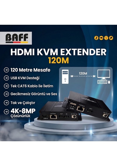 Baff 4k 120m 4k Kvm Hdmı Extender 120 Metre Tek Cat6 Kablo İle Ultra Hd Görüntü Ve Kontrol Uzatıcı