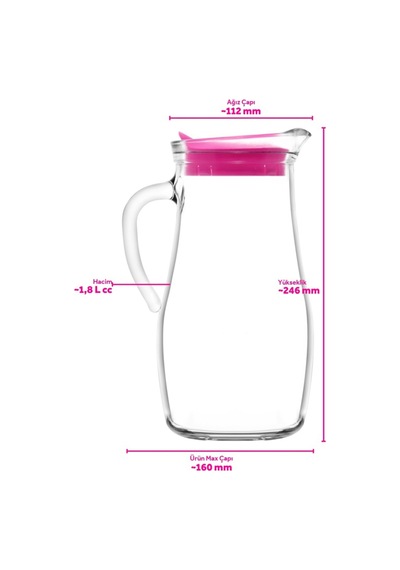 Lav Misket Cam Sürahi Tekli 1,8 L Kulplu Pembe Plastik Kapaklı