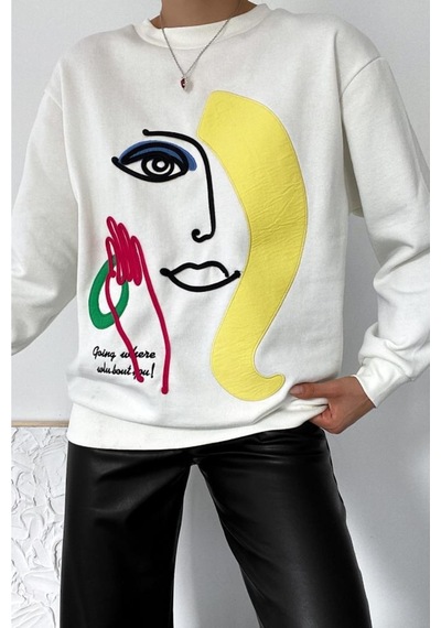 Femelle Ekru Kalın Içi Polarlı Nakış Işlemeli Kabartmalı Oversize Sweatshirt