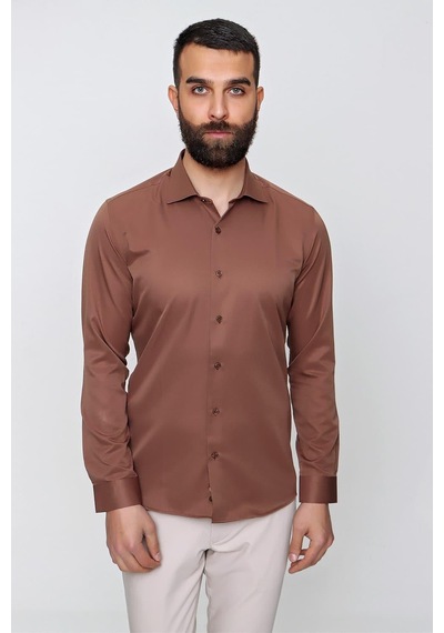 Efor Slim Fit Pamuk Saten Klasik Açık Kahve Gömlek Gk 604 Kahverengi