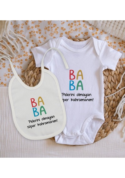 Bitmeyenkartus Bk Kids Baba Tasarımlı Bebek Body Zıbın Ve Mama Önlüğü Hediye Set (548582584) Çok Renkli