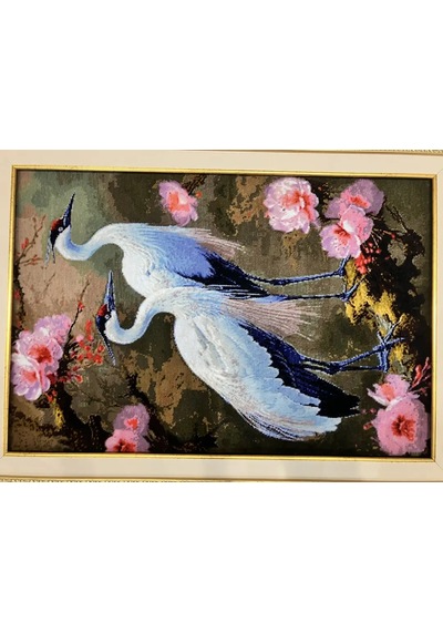 İran El Dokuma Tablo Halı 49x72 Cm - Turna Kuşları Çok Renkli