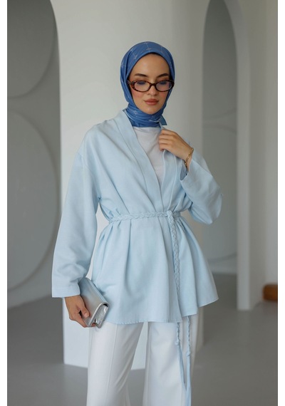 Moonsc Keten Kimono Kemerli Mavi