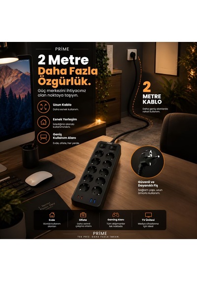10 Lu Akım Korumalı Grup Priz 3680w, 2 Usb-c + 2 Usb-a, 1050j, 2 Metre Kablo 0 - 2 M