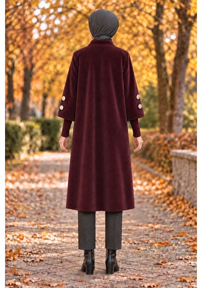 Gold Düğmeli Uzun Kaban-bordo-5992