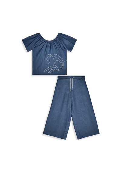 Denokids Romantik Kedi Kız Çocuk Bluz Pantolon Takım Çok Renkli