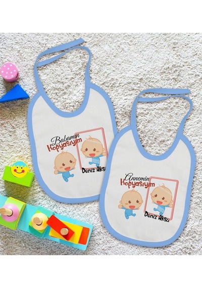 Bk Kids Kişiye Özel Anne Ve Baba Tasarımlı 2 Li Mavi Mama Önlüğü- Mavi