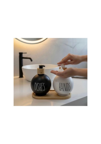 Lüks 2'li Cam Sabunluk Seti - 450 Ml Şişe Ve Bambu Standlı 3 Parça Mutfak & Banyo Seti Siyah Ve Beyaz