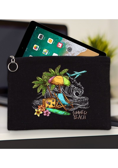 Bk Gift Yaz Temalı-9 Siyah Tablet Çantası 30x21cm, Apple iPad Uyumlu Çantası, Baskılı Tablet Kılıfı Kılıf