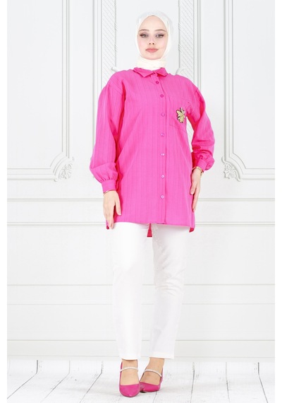 Sevitli Cebi Arı Detaylı Keten Tunik-fuşya-3868-fuşya Fuşya